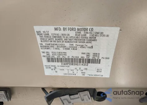 2017 Ford Taurus Se z USA, uszkodzony, nr VIN 1FAHP2D83HG114352